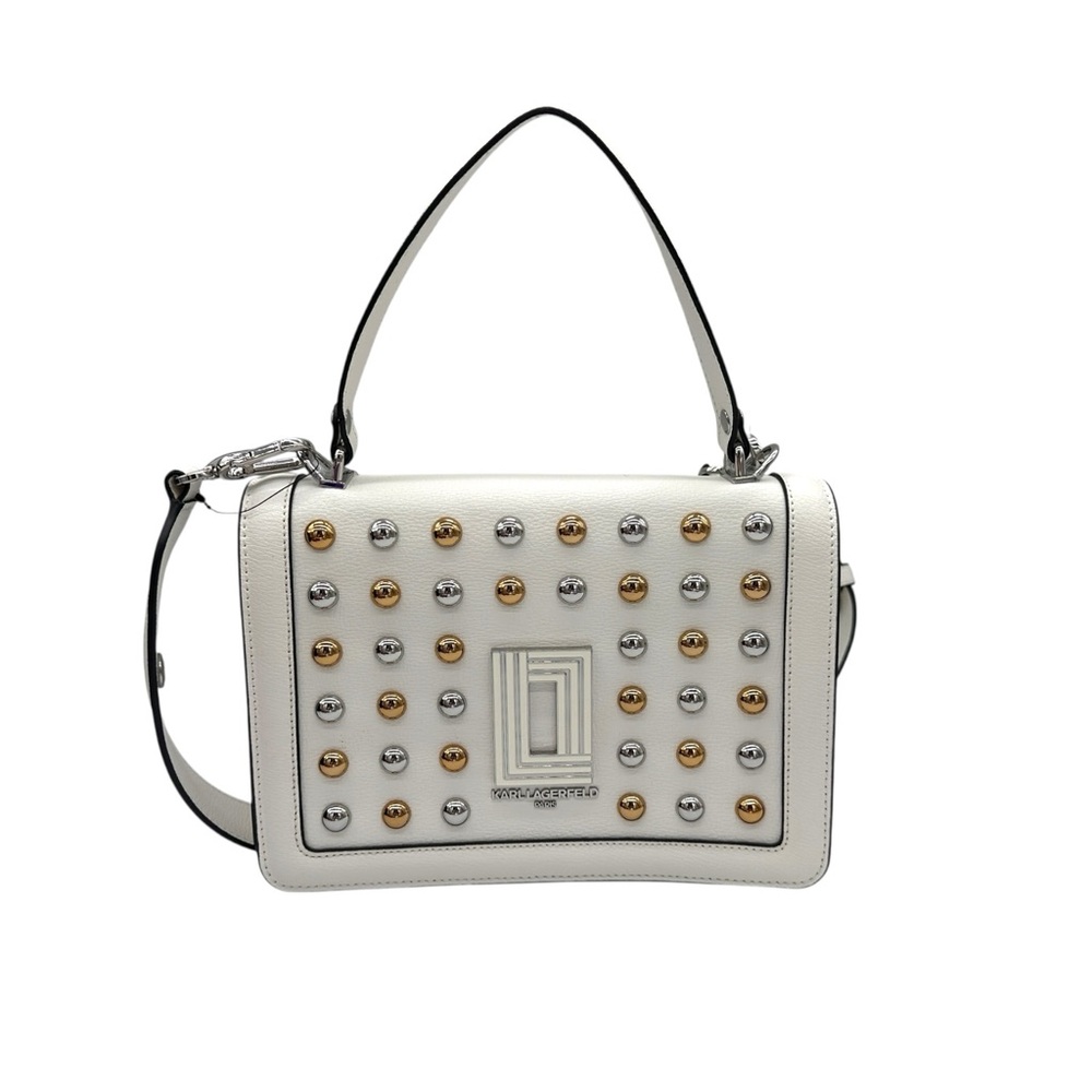 Karl Lagerfeld Simone White Leather Gold/Silver Studded Crossbody Satchel Bag